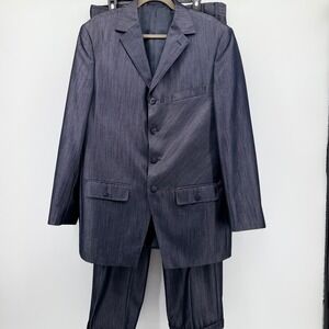 EJ Samuel Mens 2 Piece Suit Navy Blue Metallic Sheen 4 Button Blazer Pleated 42R